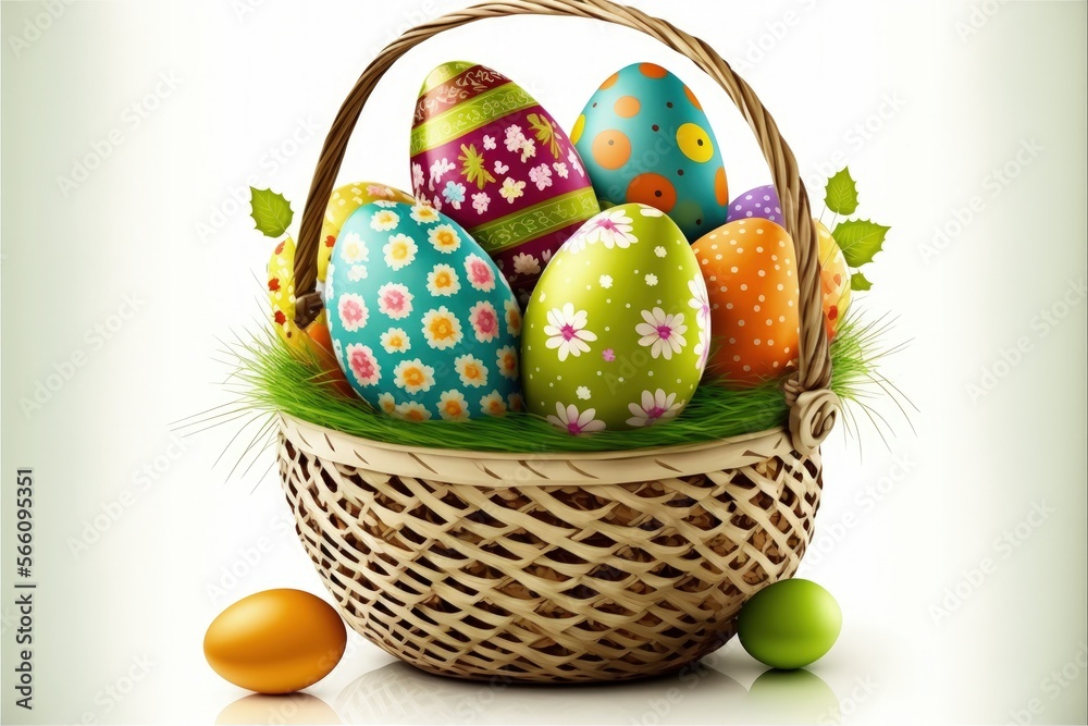 Illustration of basket full of easter eggs, white background. Generative AI Illustration of basket full of easter eggs, white background. Generative AI