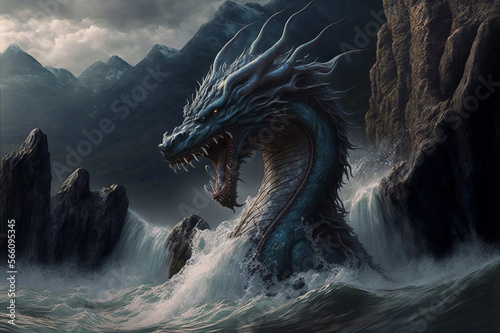 Sea serpent emerging out of the water creating large waves with mountains in the background.