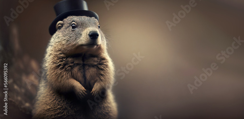 Happy Groundhog day, Fabulous cute alert groundhog wearing a top hat. A holiday traditionally celebrates with this critter. Will he see his shadow, early spring, or long winter. Generative Ai image. photo