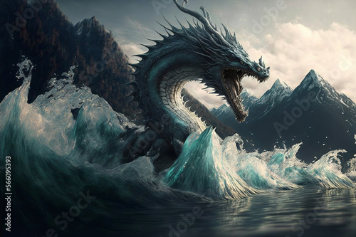 Sea serpent emerging out of the water creating large waves with mountains in the background.
