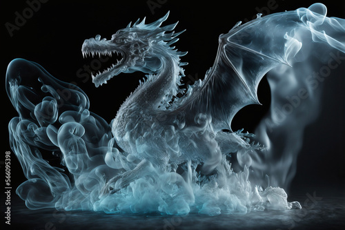 Dragon made of ice with cold vapor coming off of it. Mythological creature. © Mike Schiano