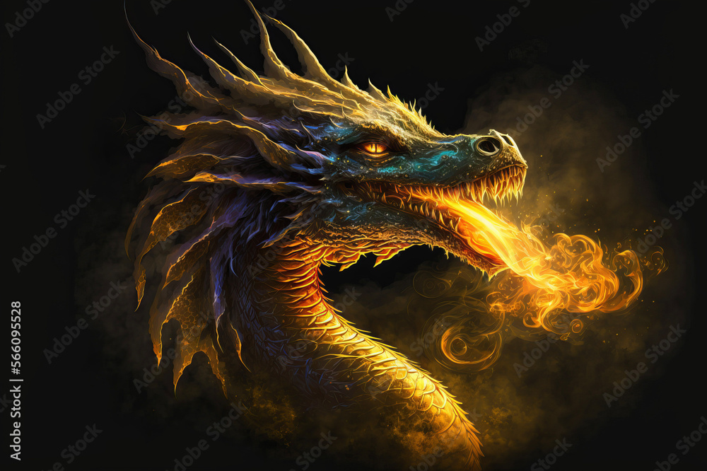 Gold dragon breathing gold fire on a black background. Mythological Creature. Gold dragon breathing gold fire on a black background. Mythological Creature.