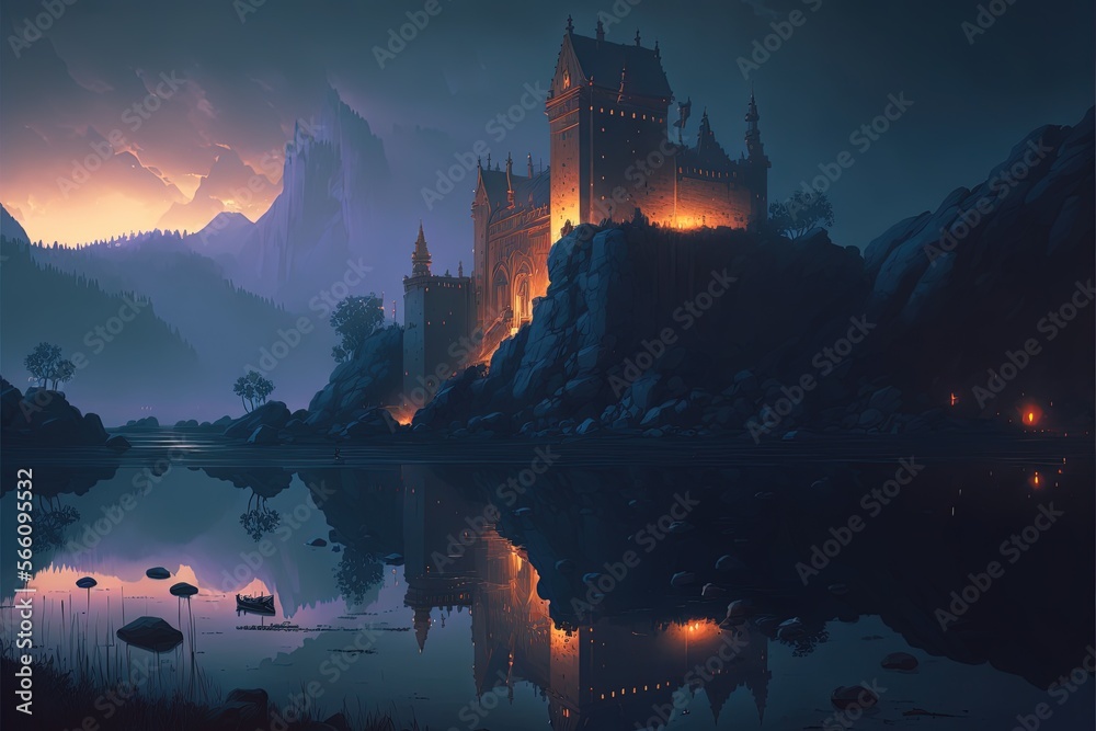 Medieval castle landscape, night scene, anime style. Generative AI