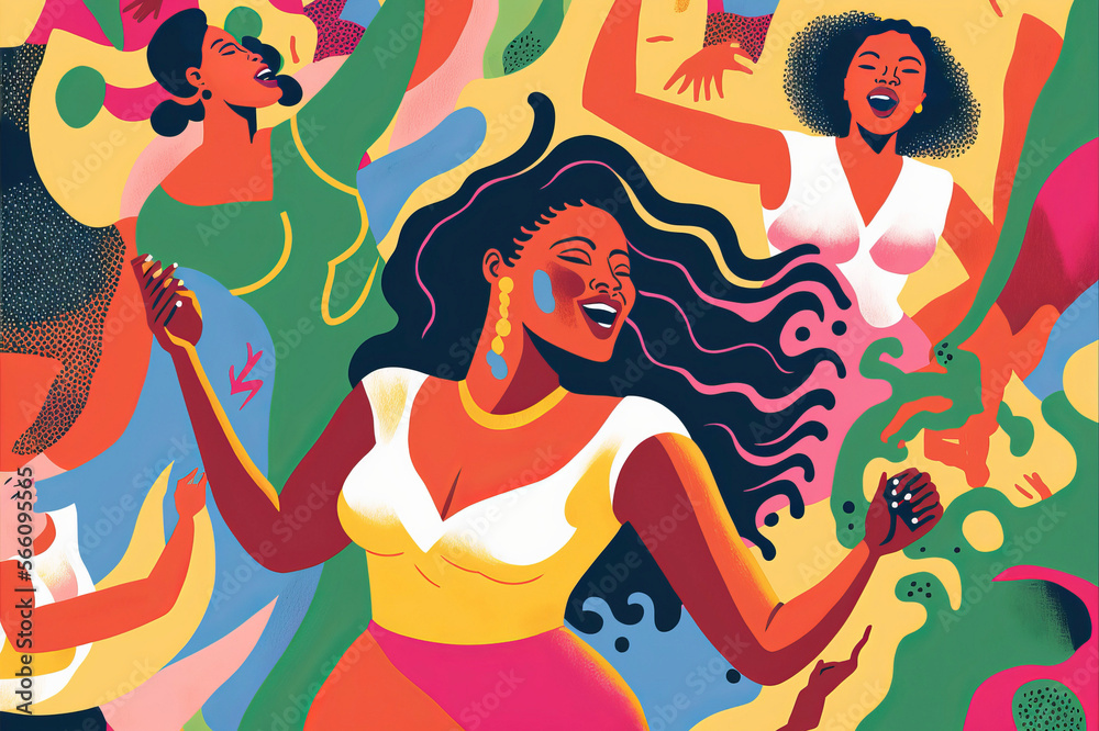 Multicultural people dancing with abstract imagery of music making, and instruments and music-making, and joyful rhythm of artistic expression. Multicultural people dancing with abstract imagery of music making, and instruments and music-making, and joyful rhythm of artistic expression.