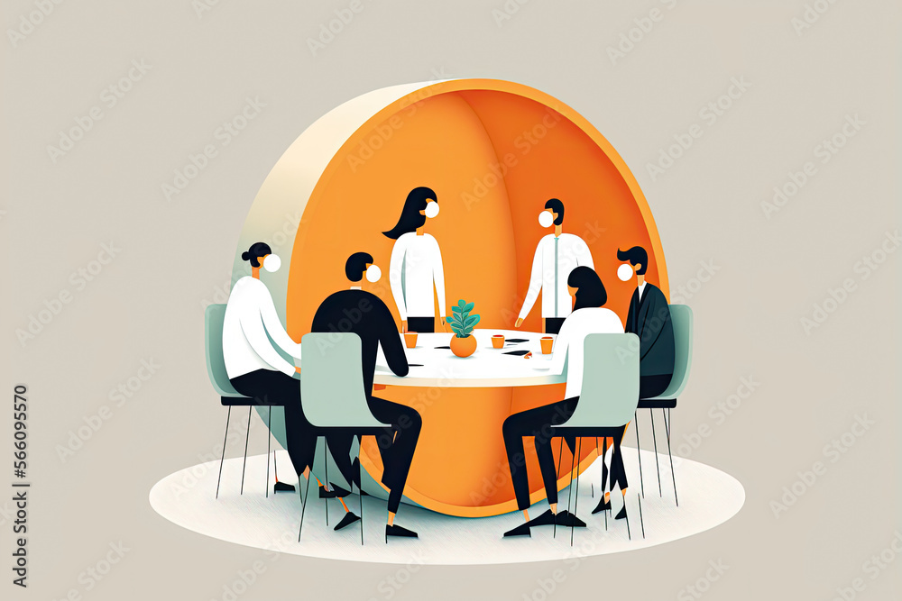 Stylized image of a business meeting, with employees seated around a conference table, generative ai