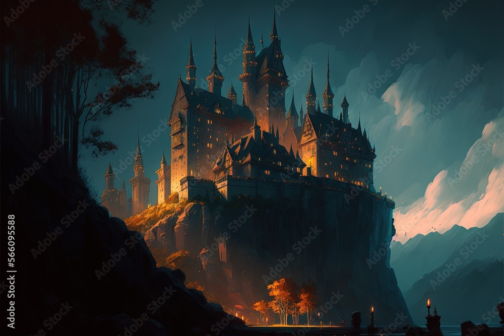 Naklejka premium Medieval castle landscape, night scene, anime style. Generative AI