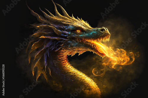 Gold dragon breathing gold fire on a black background. Mythological Creature. © Mike Schiano