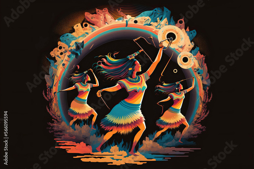 Navajo people dancing with abstract imagery of music making, and instruments and music-making, and joyful rhythm of artistic expression.