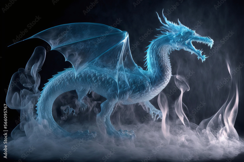 Dragon made of ice with cold vapor coming off of it. Mythological creature.