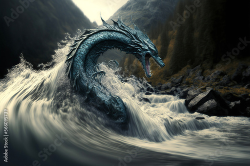 Sea serpent emerging out of the water creating large waves with mountains in the background.