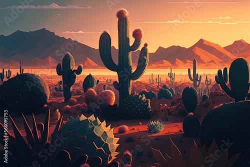 Desert landscape with cactus rocks and canyons  anime style. Generative AI