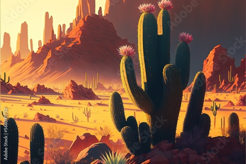 Desert landscape with cactus rocks and canyons, anime style. Generative AI