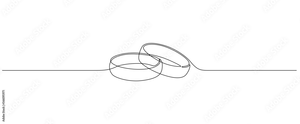 One continuous line drawing of Wedding rings. Romantic elegance concept and symbol proposal engagement and love marriage in simple linear style. Editable stroke. Outline vector illustration - obrazy, fototapety, plakaty 