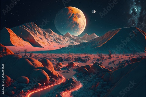 Desert landscape on the surface of another planet with mountains and giant moon in space. Generative AI