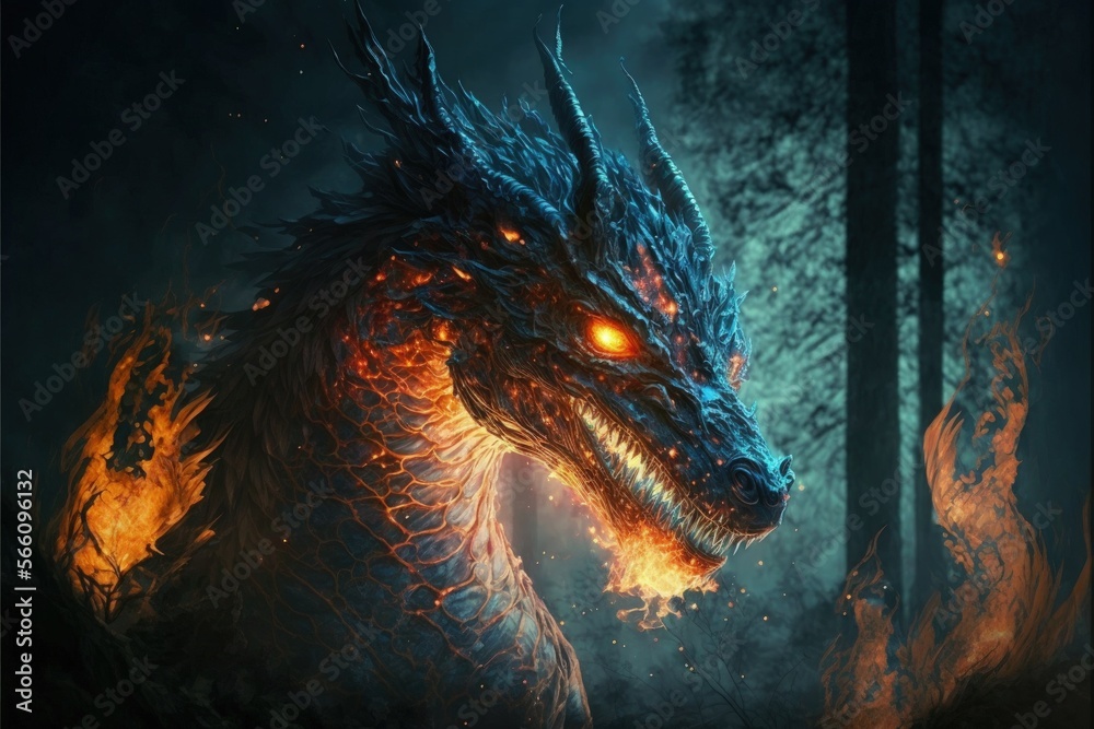 Mystical dragon with flames, gloomy forest in the background, fantasy concept. generative AI