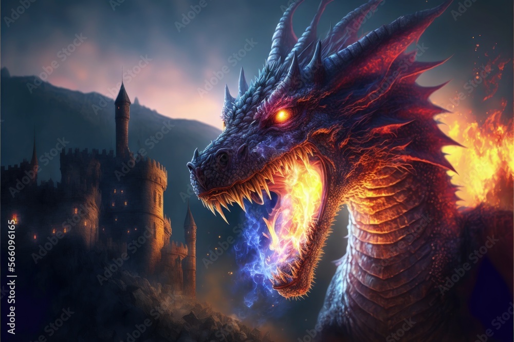 Mystical dragon with flames in its mouth, medieval castle in the background, fantasy concept. Generative AI Mystical dragon with flames in its mouth, medieval castle in the background, fantasy concept. Generative AI