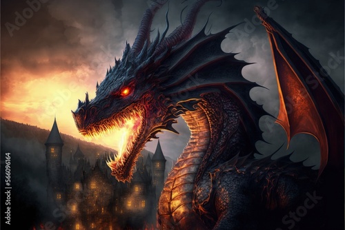 Mystical dragon with flames in its mouth, medieval castle in the background, fantasy concept. Generative AI © Deivison