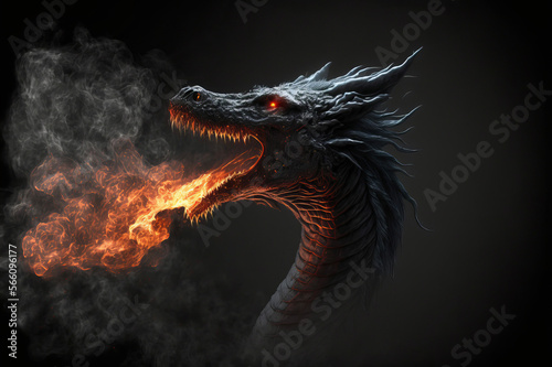 Black dragon breathing golden fire and smoke on a black background. Mythological Creature.