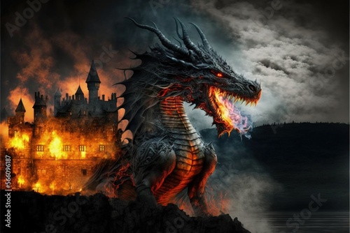 Mystical dragon with flames in its mouth, medieval castle in the background, fantasy concept. Generative AI