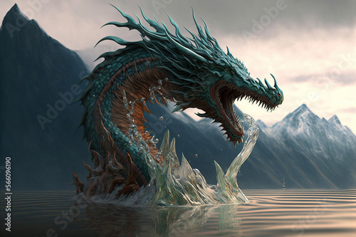 Sea serpent emerging out of the water creating large waves with mountains in the background. © Mike Schiano