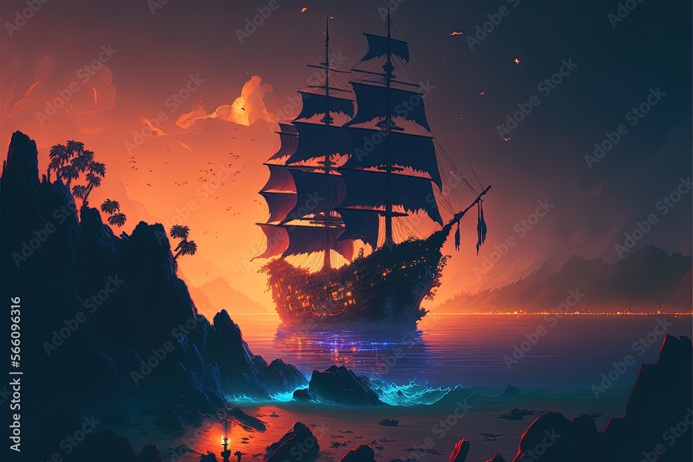 Landscape with pirate boat on sea and island, night scene. Generative AI