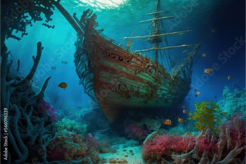 Illustration of pirate ship under the sea with corals and fish. Generative AI