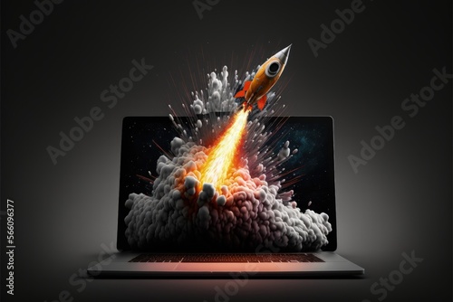 Illustration of rocket coming out of laptop screen, black background. Generative AI