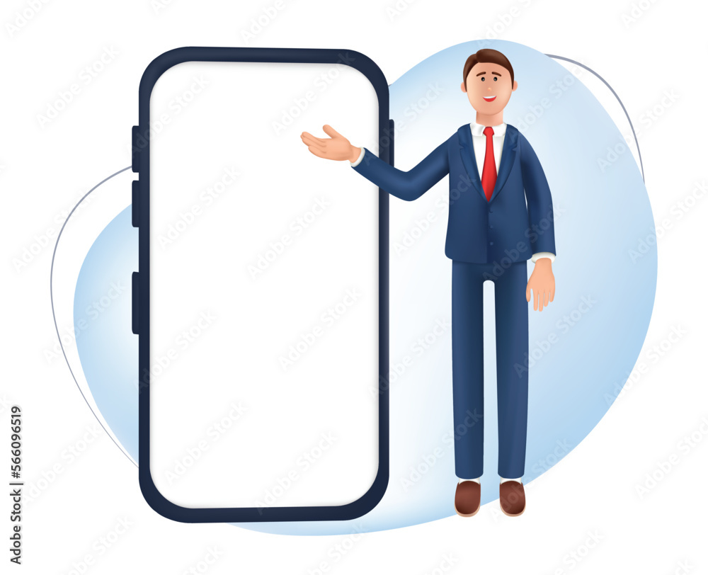 3d illustration portrait of smiling businessman with big phone. cartoon illustration of man standing in suit pointing finger at screen isolated on white background. businessman doing presentation 3d illustration portrait of smiling businessman with big phone. cartoon illustration of man standing in suit pointing finger at screen isolated on white background. businessman doing presentation