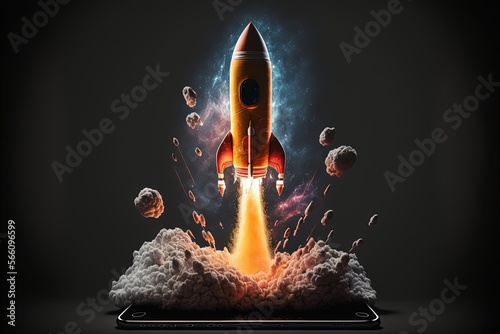 Rocket illustration on iphone cell phone screen, black background. Generative AI