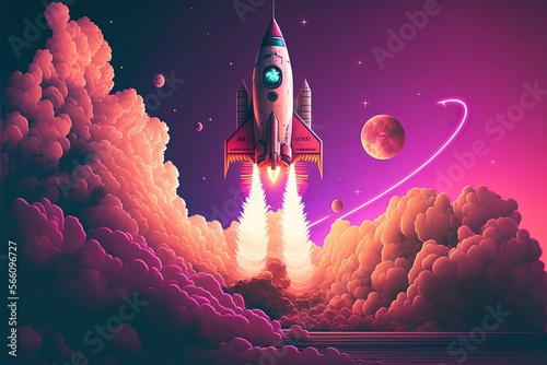 Landscape illustration with rocket taking off, vaporwave style. Generative AI photo