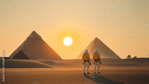 Astronauts in space against Egyptian pyramids. Alien landscape. Generative AI