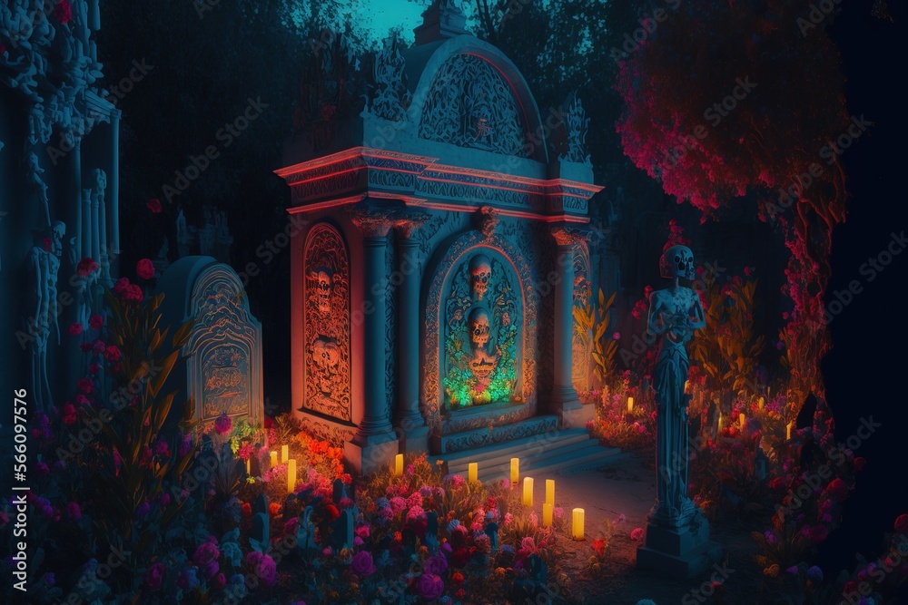 Day of the dead. Cemetry with glowing light. Neon light. Generative AI