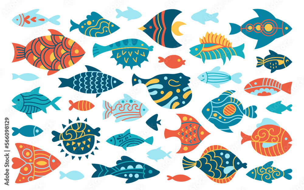 Fish with abstract tropical ornaments doodle set. Flat linear modern trendy exotic aquarium animals, nautical cartoon illustration. Various simple ornamental freshwater, sea fishes vector element Fish with abstract tropical ornaments doodle set. Flat linear modern trendy exotic aquarium animals, nautical cartoon illustration. Various simple ornamental freshwater, sea fishes vector element