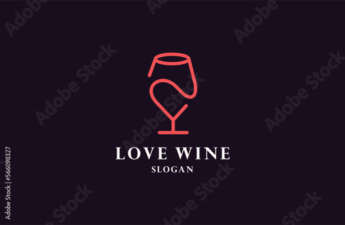 Wine glass love logo design. Icon vector illustration of wine glass with heart symbol.