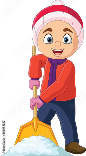 Cartoon little boy in winter clothes shoveling snow