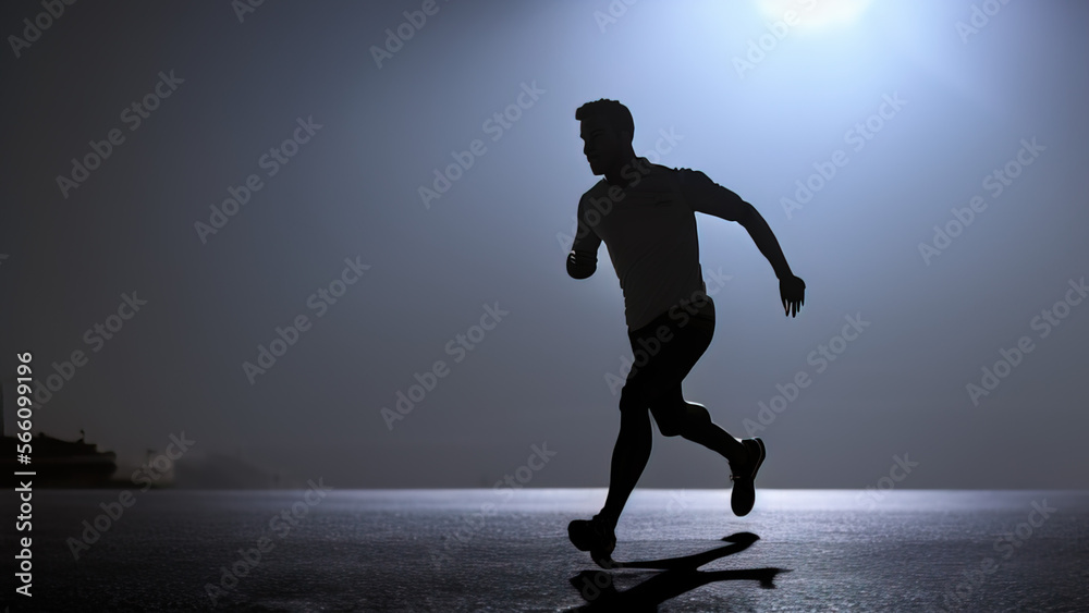 man running at night, silhouette, workout, sport, healthy life, Generative AI
