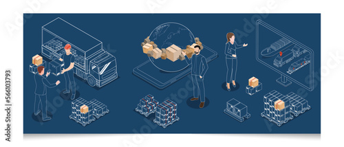 3D isometric Set of Logistics and Delivery services scenes concept with People delivering a box to a customer. Smart Logistics Business, Export and Import. Vector illustration eps10