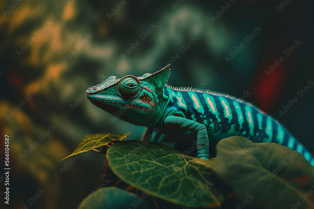 Naklejka premium Green coloured chameleon close up cinematic macro photography | Generative AI
