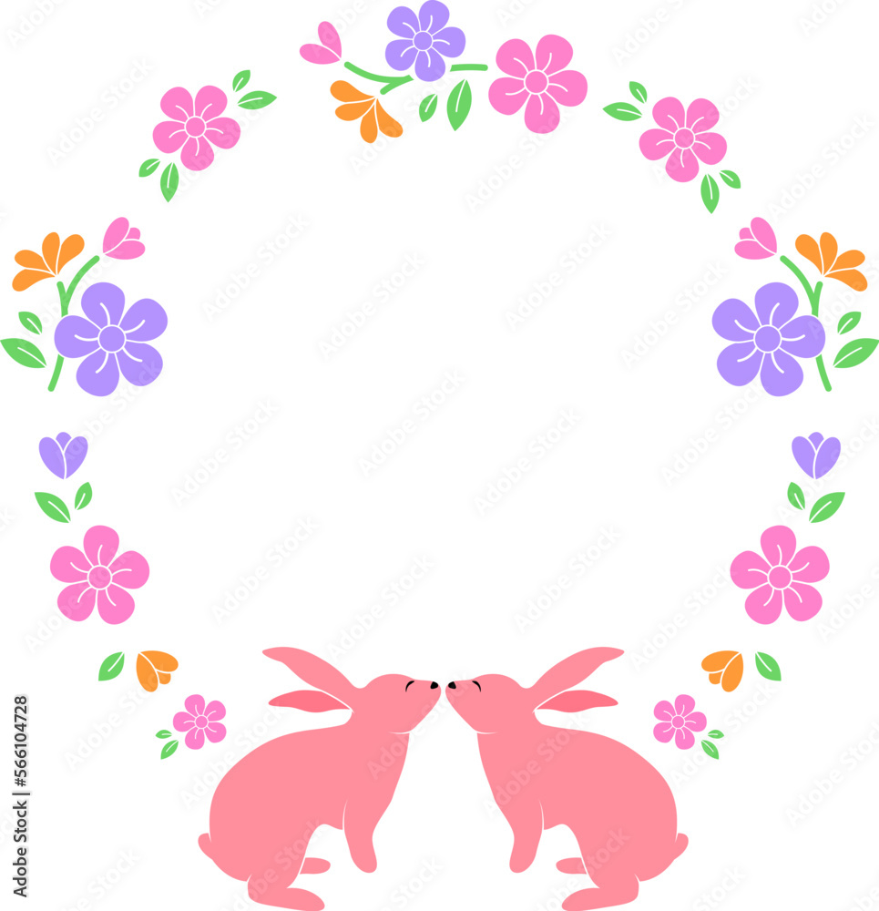 Easter floral and rabbits frame. Suitable for social media posta, mobile apps, card, invitation, banner and web design. Vector illustration.