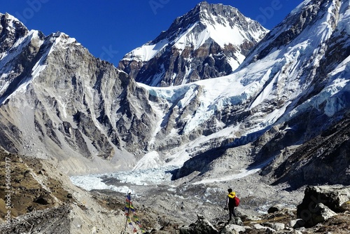 A trekker en route to the Everest Base Camp, near Gorak Shep, Solukhumbu, Nepalese Himalayas.