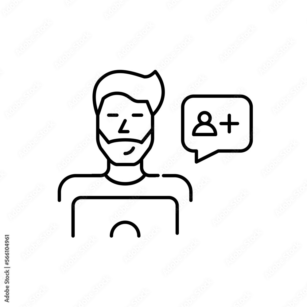 Hipster blogger working at laptop receiving a new follower notification on social media. Pixel perfect, editable stroke