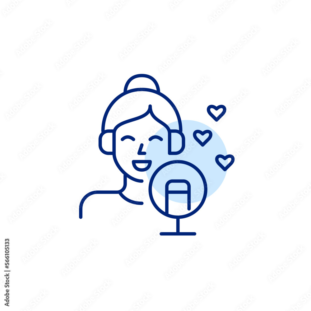 Influencer podcast or audio blog receiving multiple likes from the audience. Pixel perfect, editable stroke line icon Influencer podcast or audio blog receiving multiple likes from the audience. Pixel perfect, editable stroke line icon