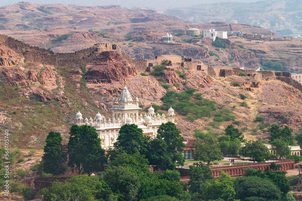 View of Jaswant Thada, cenotaph, from Mehrangarh fort Jodhpur,Rajasthan, India, Thada was built by Maharaja Sardar Singh, built of marble which emit a warm glow when illuminated by the Sun.