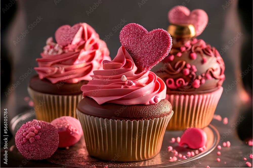 Cupcakes decorated with hearts, valentine's day, love, heart created with generative ai technology