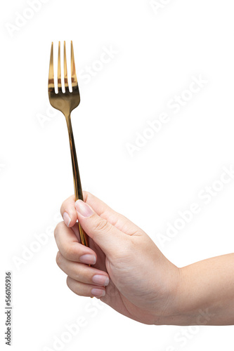 isolated of a woman's hand holding a golden fork. © Pataradon