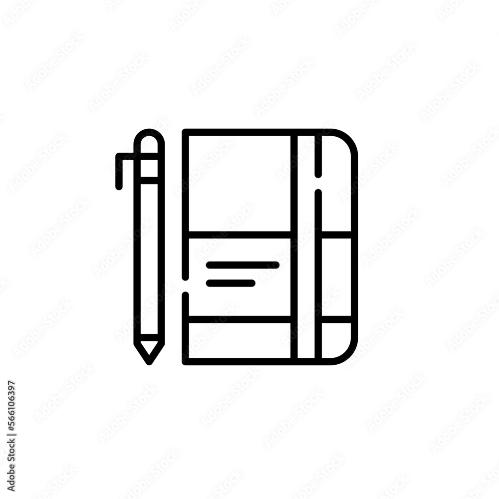 Hard cover notebook with pencil. Pixel perfect, editable stroke line icon Hard cover notebook with pencil. Pixel perfect, editable stroke line icon