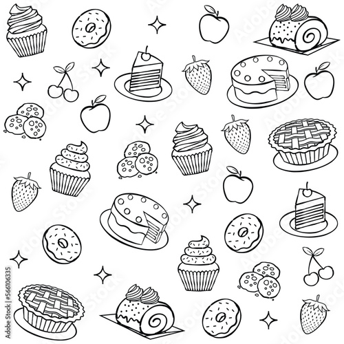 Hand drawn bakery and dessert seamless pattern on a white background. Vector illustration.
