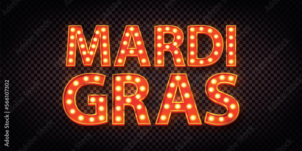 Vector realistic isolated marquee neon sign of Mardi Gras on the transparent background.