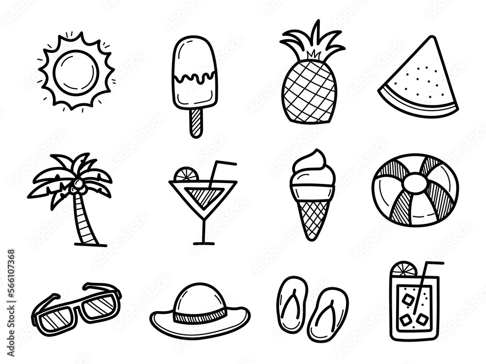Set of summer doodle icons with cute designs isolated on white background Set of summer doodle icons with cute designs isolated on white background