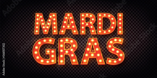 Vector realistic isolated marquee neon sign of Mardi Gras on the transparent background.